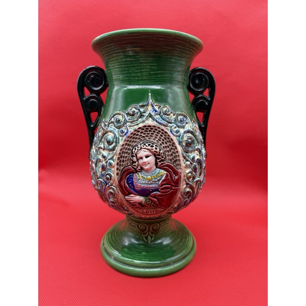 Antique Majolica Green Ornate Vase w/ Handles Women Portraits Czechoslovakia